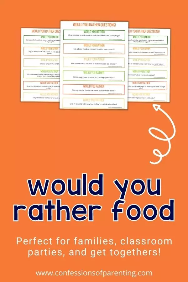 Three examples of the food would you rather questions on an orange background.