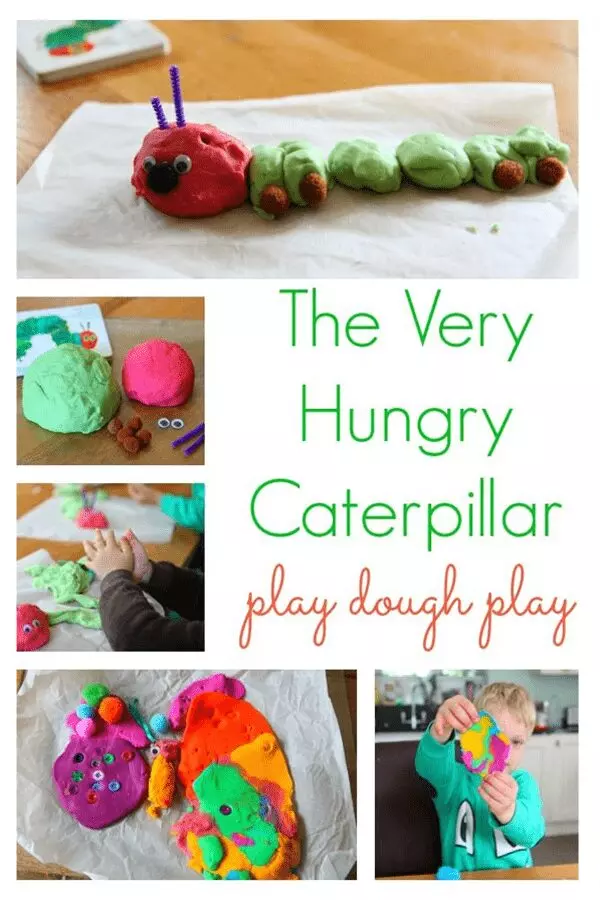 A basket filled with a plush caterpillar and items of toy food with the book The Very Hungry Caterpillar in front (Very Hungry Caterpillar activities)