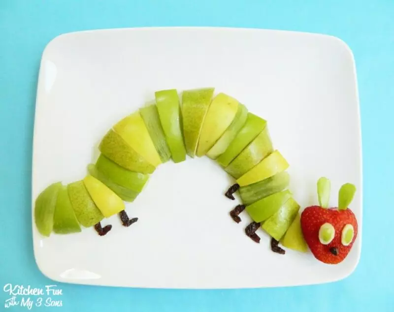 A caterpillar craft made from ten sheets of card stock, one for the head and 9 for the body (Very Hungry Caterpillar activities)
