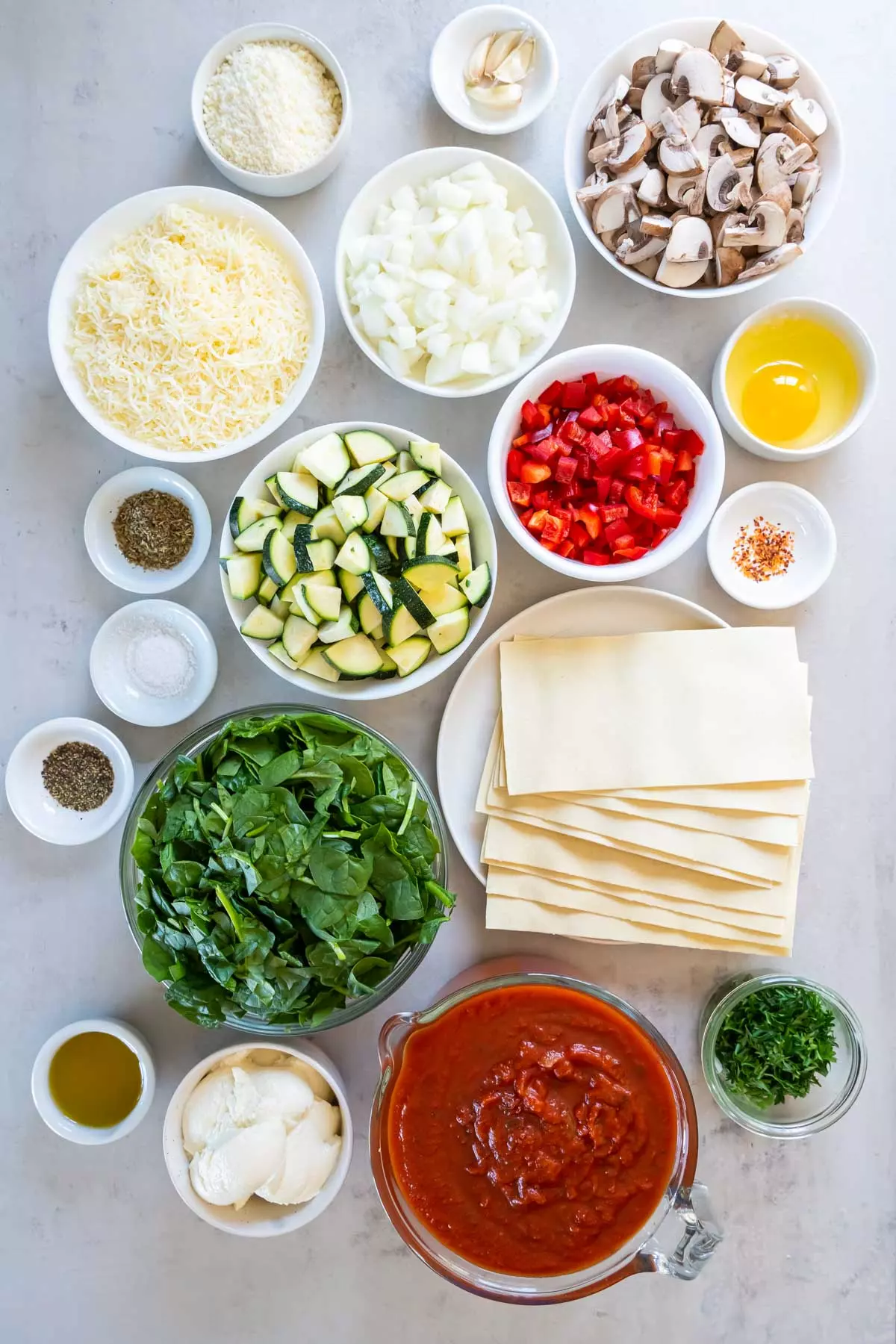 Ingredients for vegetable lasagna recipe.
