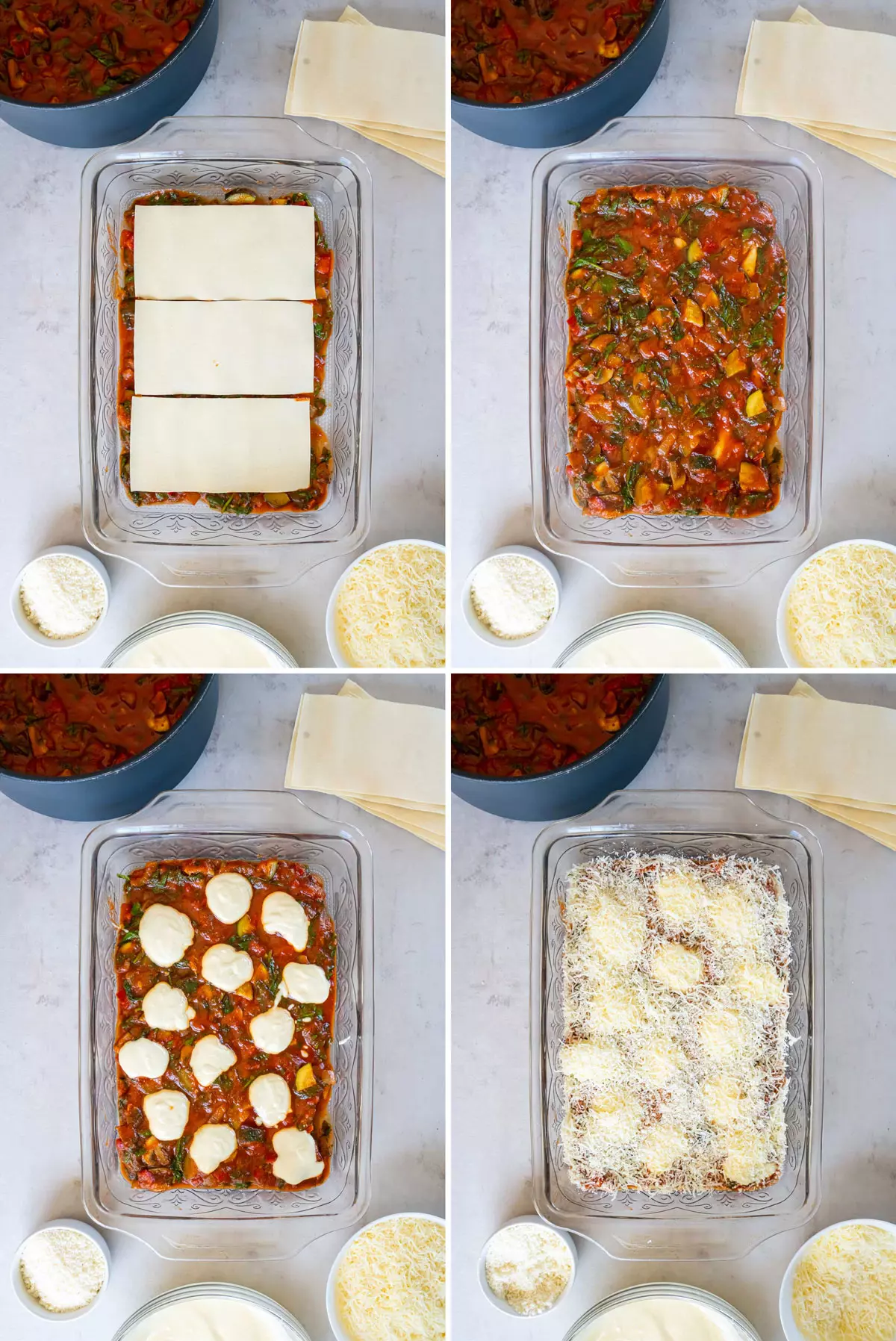Four images showing how to layer lasagna: noodles, sauce, cheese, repeat.