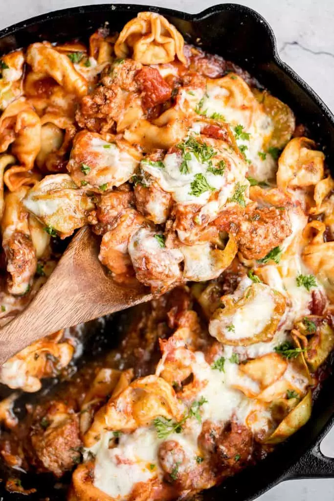 Quick and easy, cheesy tortellini and sausage bake is a delicious 30-minute dinner packed with flavor. A family-favorite comfort food for busy weeknights.
