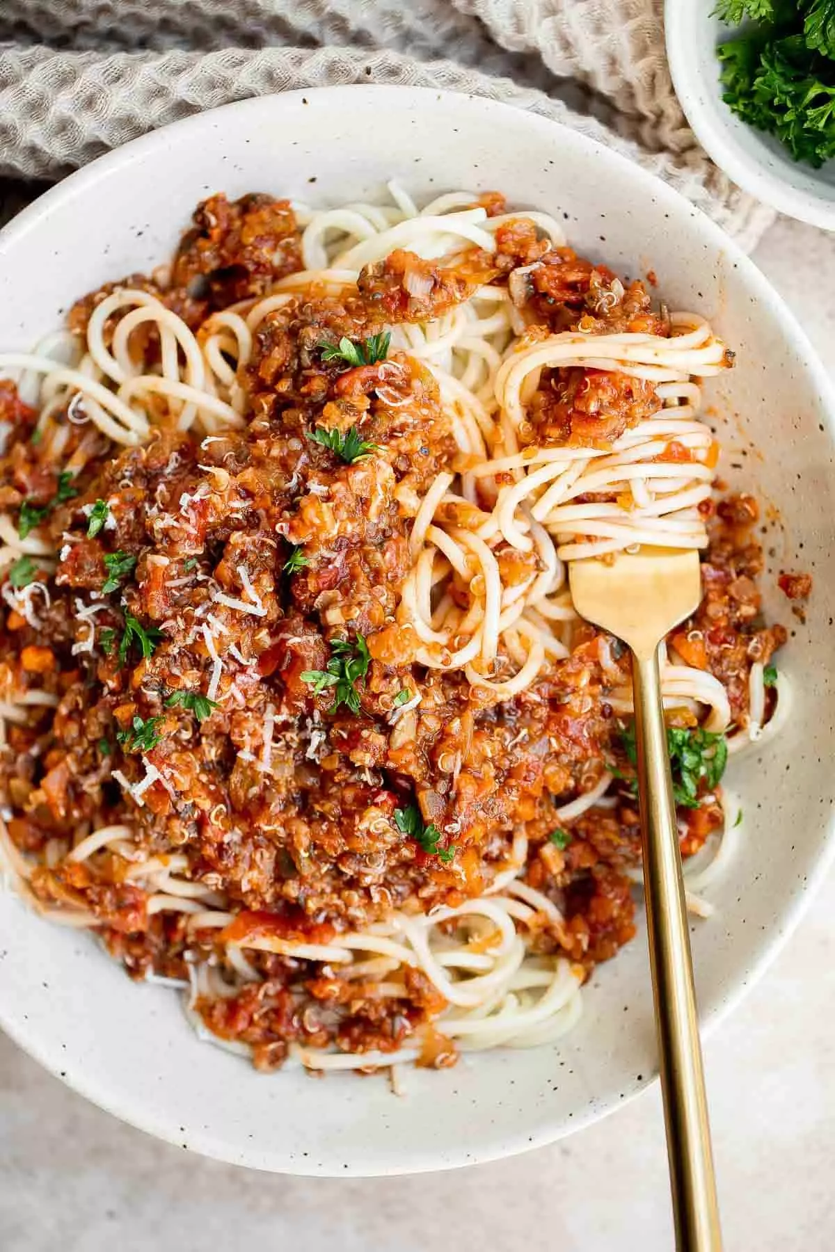 This Vegetarian Bolognese is a quick and easy vegetable-packed pasta with the flavor, texture, and goodness of a traditional Bolognese without the meat.
