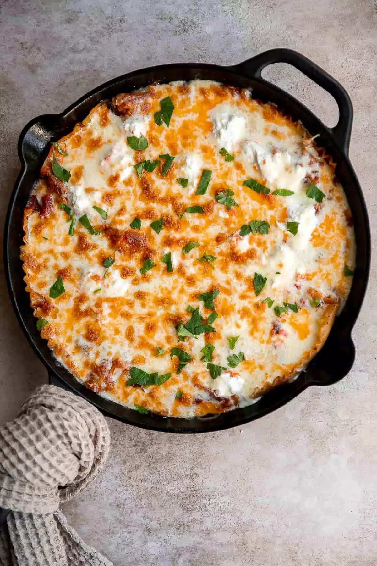 This one-pan skillet lasagna has all the same ingredients and flavors as a traditional meat lasagna but with minimal prep and is ready in just 40 minutes.