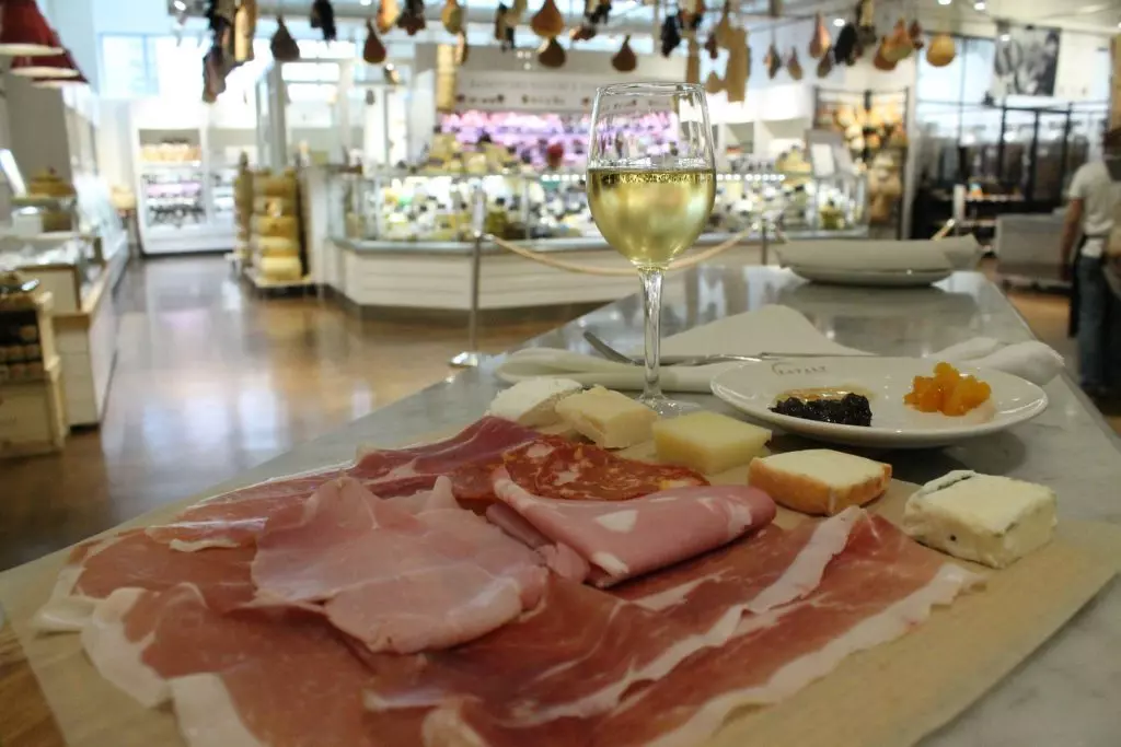Wine, meats, and cheese at Eataly Chicago