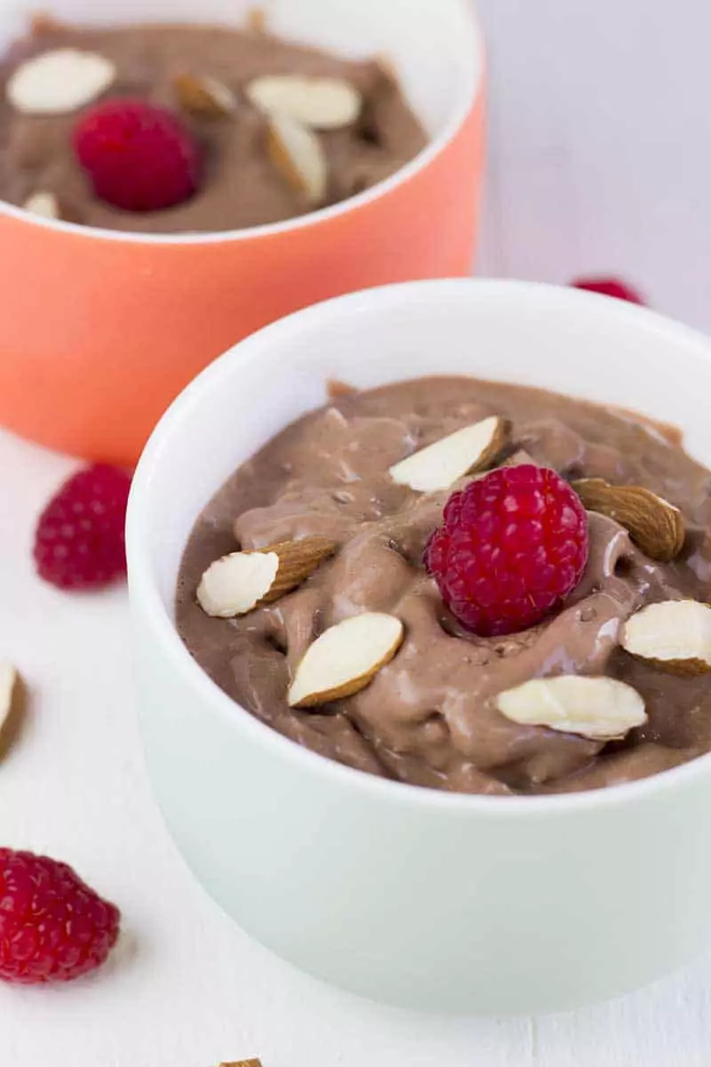 Two bowls of chocolate yogurt ice cream with almonds and raspberries on top.
