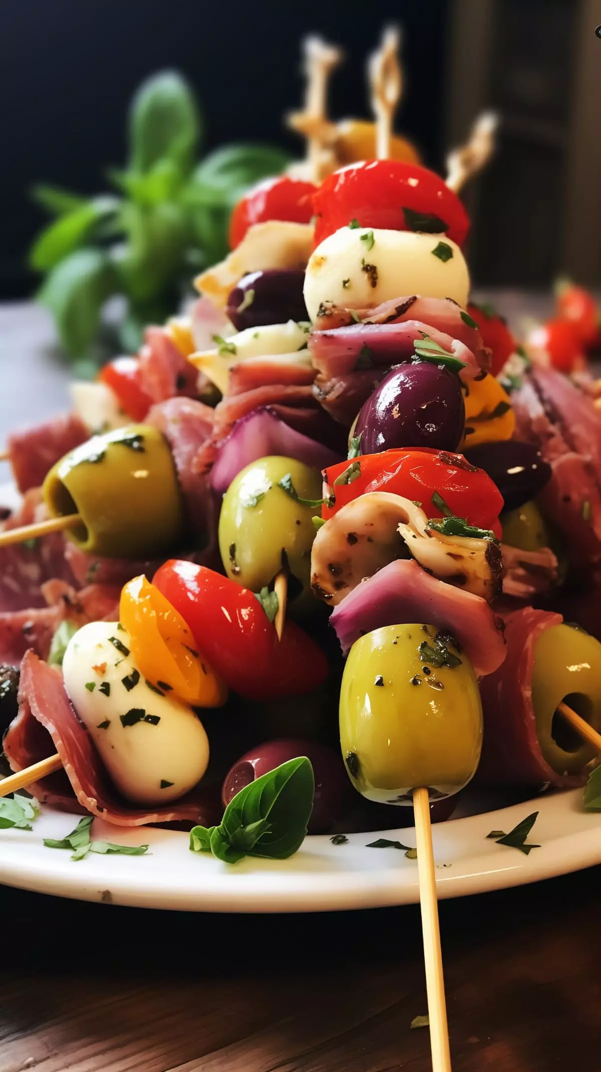 Antipasto Skewers with mozzarella, olives, ham, and herbs