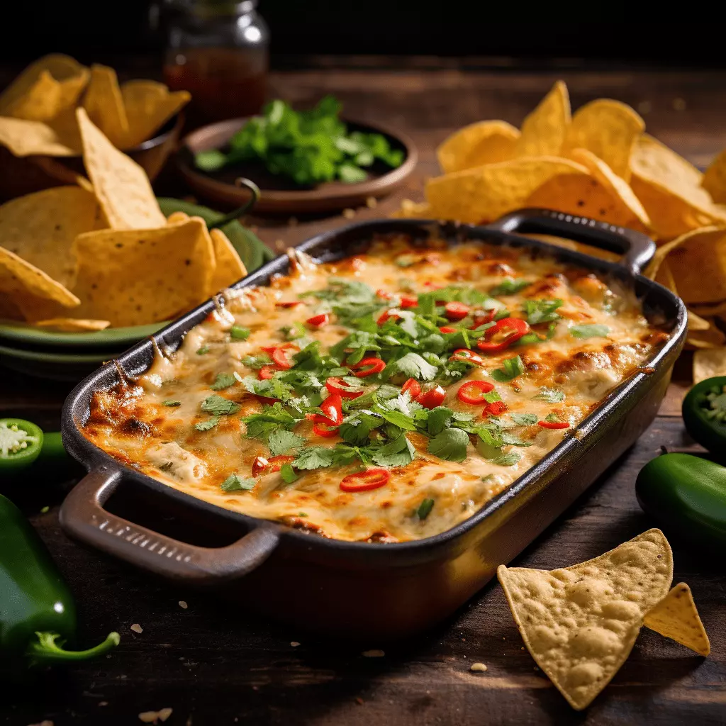 Hormel chili dip garnished with chopped fresh parsley and red chilis with nachos on the side.
