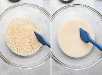 two photos showing How to Make Pizza Dough - adding flour and salt