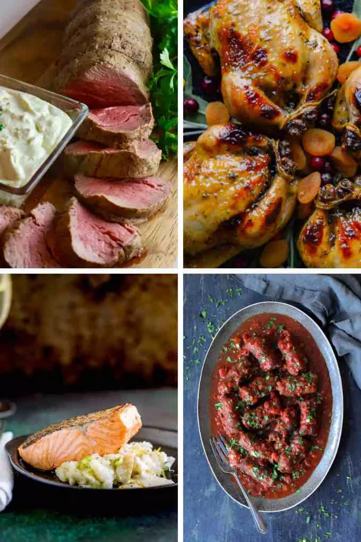 Collage of 4 main dish photos for the post 23 Easy Dinner Party recipes.