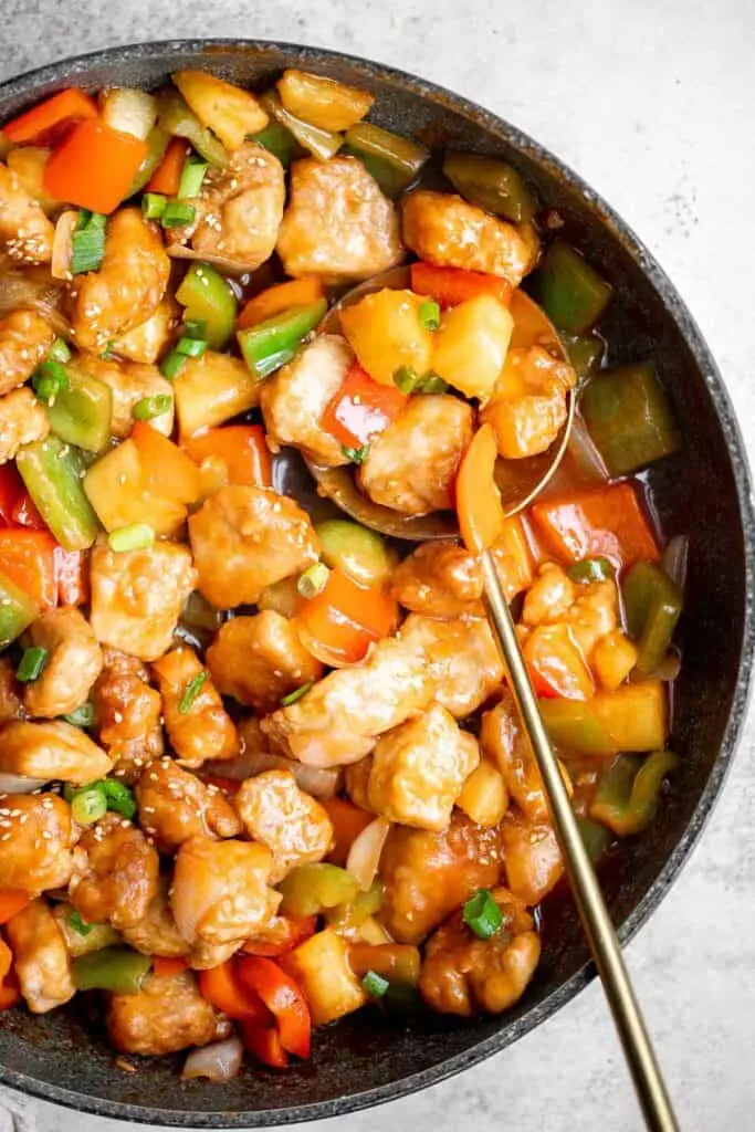 Sweet and sour pork is a delicious, quick, and easy Chinese stir fry that takes just 30 minutes to make. Serve this homemade takeout over steamed rice. Cook the pork in the air fryer before tossing into the stir fry.