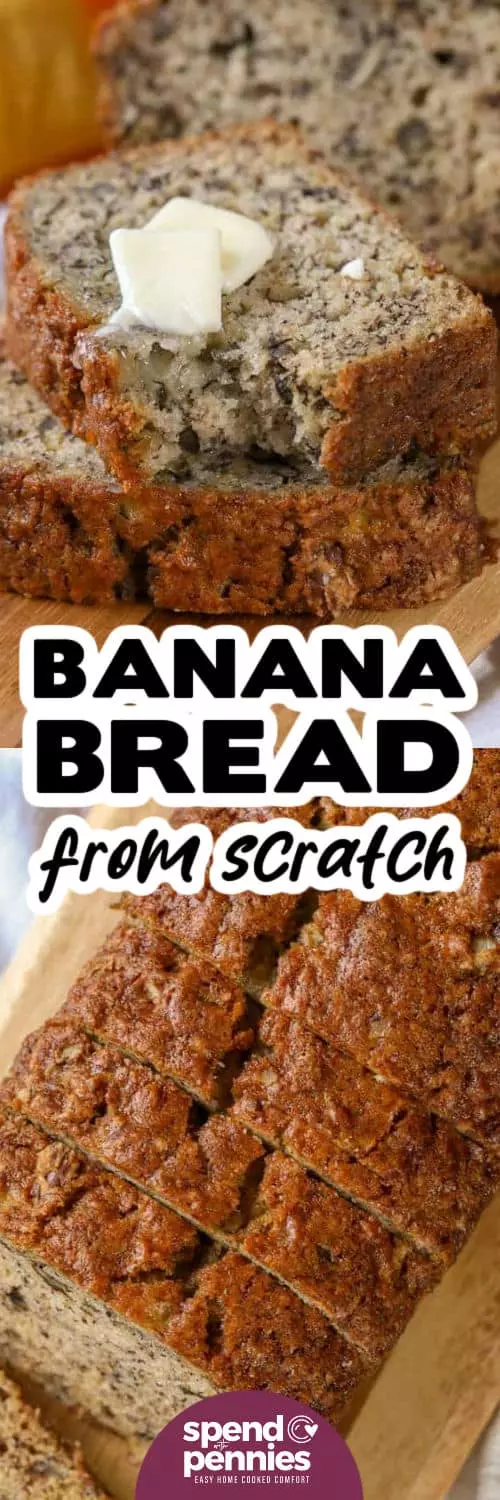 Easy Banana Bread sliced and plated with a title