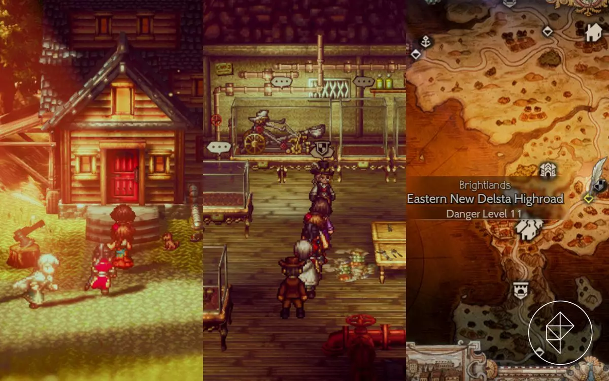 Some of the Octopath Traveler 2 characters walk along an invisible path in front of a sign
